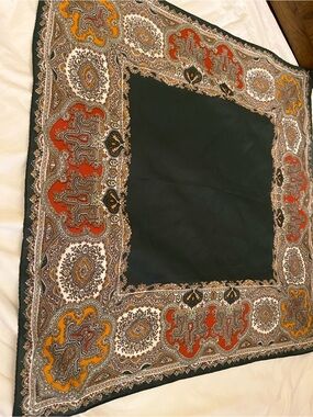 Elegant Paisley Square Scarf - Deep Green with Rust and Mustard Accents